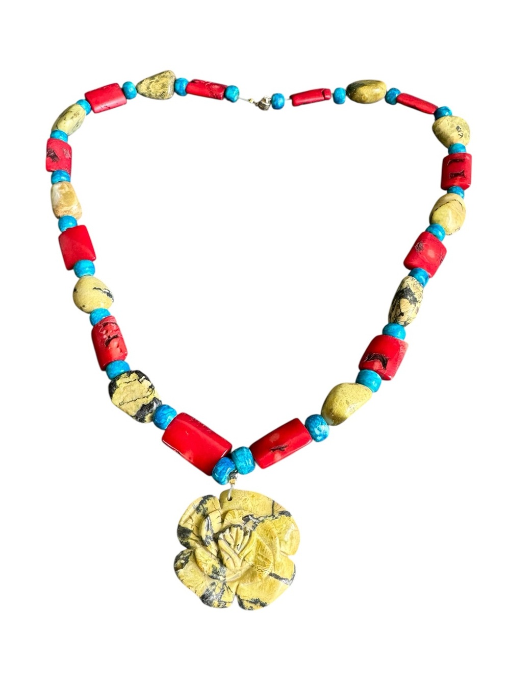 Vintage Chunky Beaded Necklace Coral Turquoise Jasper Serpentine Rose 90s